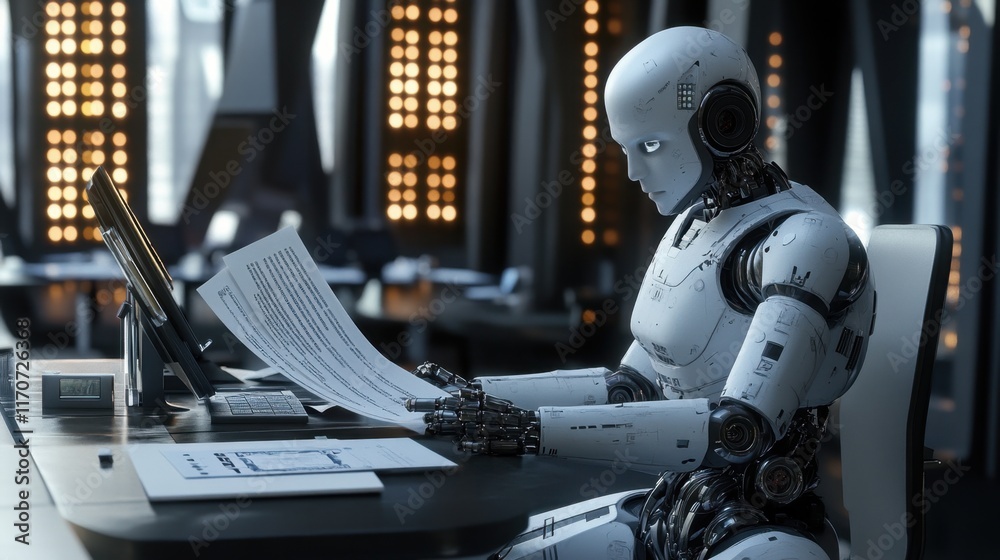 Poster futuristic robot analyzing data in a high-tech office setting