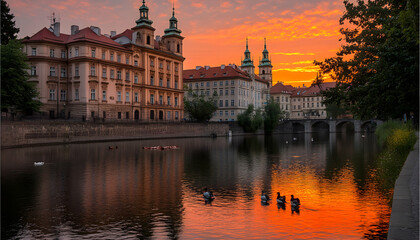 Fototapeta premium Stunning sunset over Prague's charming riverfront, reflecting vibrant colors on the water, with historic buildings and calm ducks.