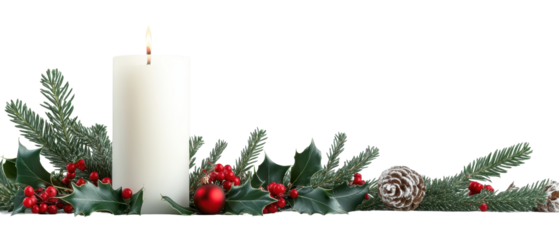 Festive candle with greenery and berries. transparent background