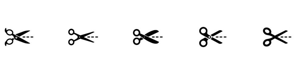 Scissors cut lines black symbols set. Isolated scissor cutting paper with dotted line icons on white background. Coupon sales signs, packaging label concept. Vector illustration. EPS 10