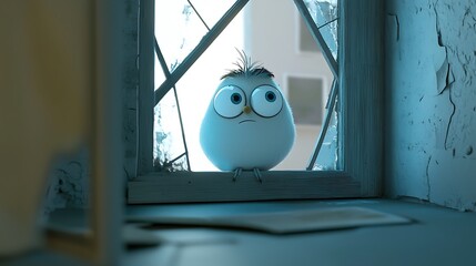 A cartoon bird is looking out of a window