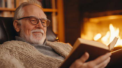 Relaxed senior man enjoying a good book by a warm fireplace, embracing a peaceful moment in his cozy home on a winter evening