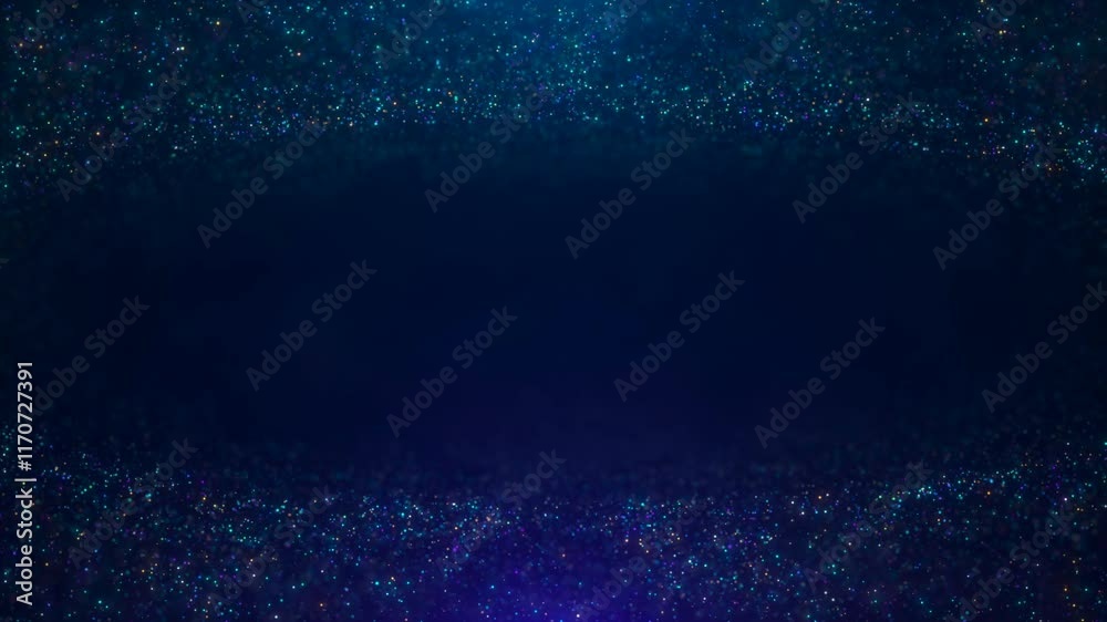 Sticker abstract background with colorful glittering glowing floating particles, copy space, 4k loop