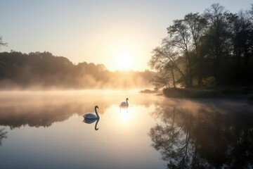 Naklejka premium Swan Lake near in the morning mist, trees, water reflection