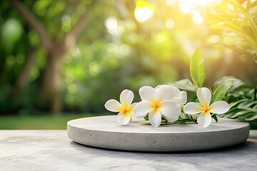 Fototapeta premium Concrete podium tabletop floor outdoor blurred white frangipani flowers background.Natural cosmetic or spa aromatherapy product mock up present pedestal stand display, spring and summer concept. 