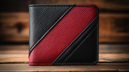 Stylish leather wallet featuring a striking black and red design against a rustic wooden backdrop. Generative AI
