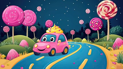Happy pink car driving on candy road at night.