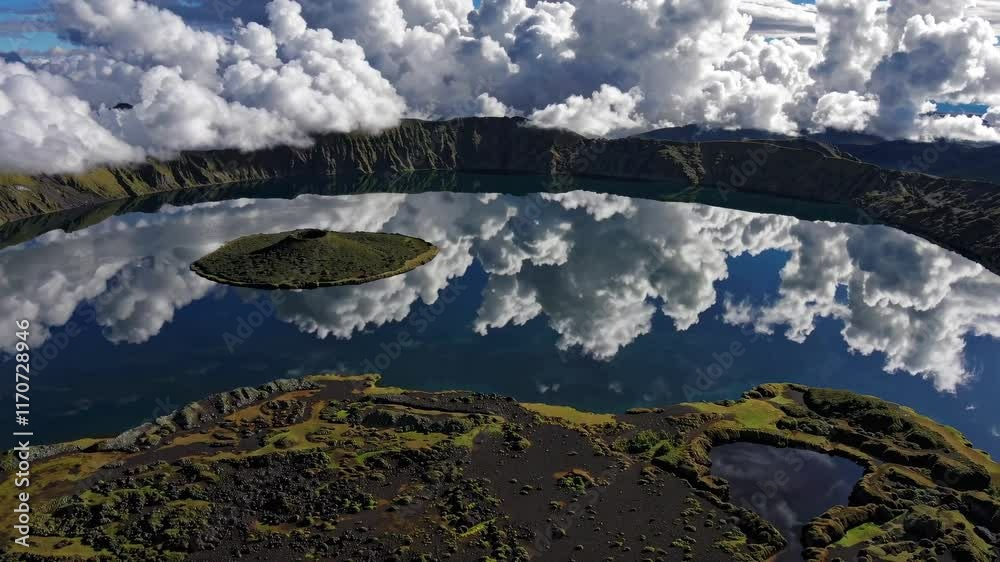 Poster stunning aerial view of clouds reflecting on calm lake surrounded by lush greenery in a serene mount
