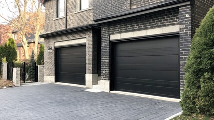 Obraz premium Modern Residential Garage Design with Black Doors and Paved Driveway