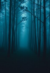 Naklejka premium Dark Teal Forest Path Mysterious Foggy Trees Deep Woods