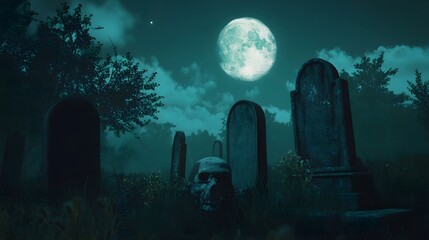 A spooky graveyard scene with a full moon rising in the background tombstones and a skull are in the foreground