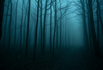 Obraz premium Mysterious Dark Forest Foggy Trees Path Night Scene