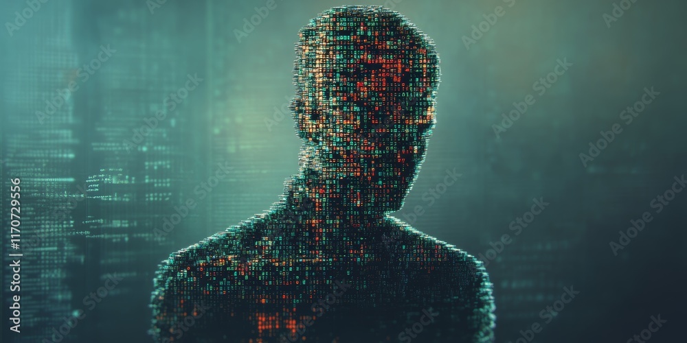 Poster a man's face is made of computer code and is displayed on a screen