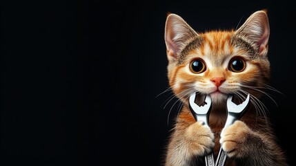 Obraz premium Cat is holding a wrench in its mouth. The cat is orange and has a curious expression on its face