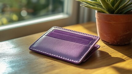 Stylish purple wallet resting on a wooden table next to a vibrant potted plant in soft sunlight. Generative AI