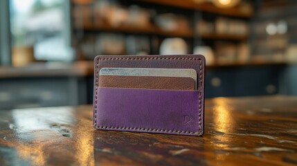 Stylish leather wallet showcasing cards on polished wooden table in a cozy cafe setting during daylight hours. Generative AI