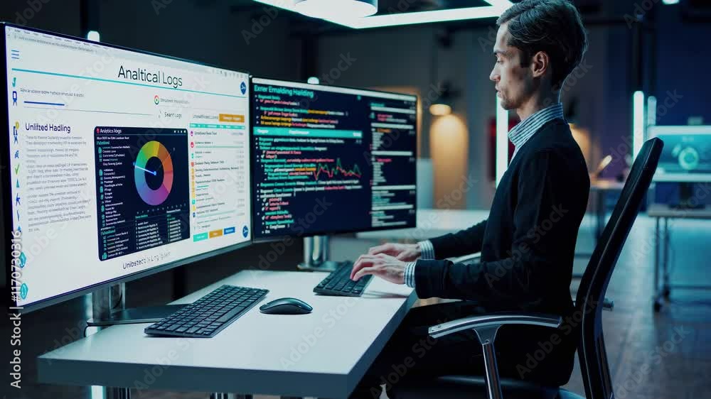 Poster working on data analysis in a tech-savvy office during evening hours with multiple monitors