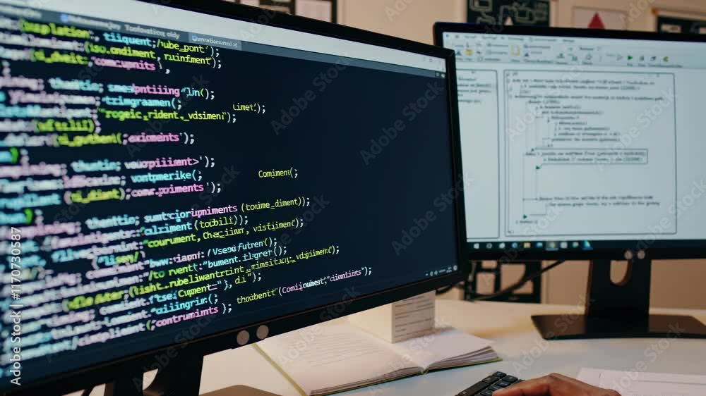 Poster Exploring advanced coding techniques in a modern workspace with dual-monitor setup