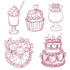 Set od Sweet Desserts. Line Art Illustration.