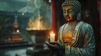 Fototapeta premium a statue of buddha with a candle in the hands