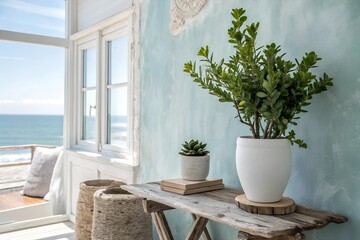 A serene beach-inspired room with soft blue stucco walls, a jade plant in a ceramic pot, driftwood...