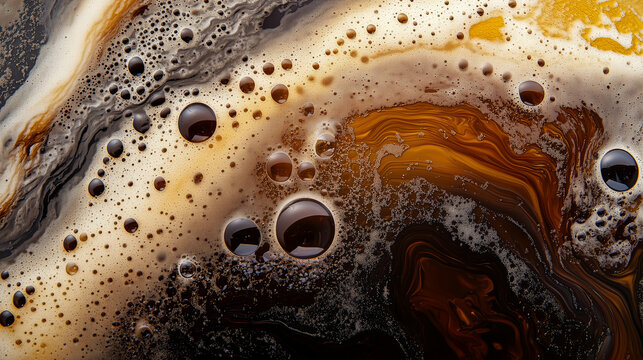 Close-up of dark beer foam with bubbles creating abstract patterns in shades of brown, amber, and cream. The swirling textures resemble marble, evoking the rich character of a stout or porter.