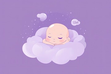 Create a minimalist cartoon of a premature baby as a tiny warrior, resting on a soft purple cloud, with subtle USM branding for World Prematurity Day 