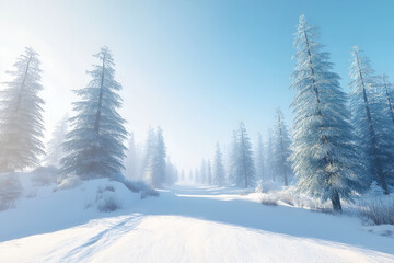Fototapeta premium Snow covered pine trees under a clear winter sky, exuding a sense of calm. Nature and Serenity mockup