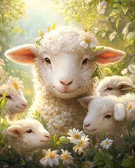 Fototapeta premium Adorable Sheep Surrounded by Flowers in a Serene Pastoral Landscape Scene