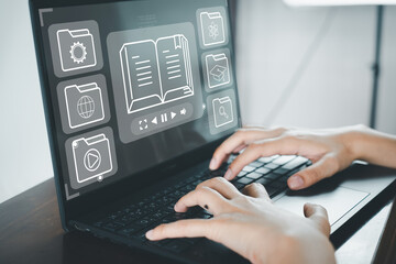 E-learning, Online education,internet learning concept.,Woman using laptop with Online course or lession interface on laptop screen idea for education,training,teaching.