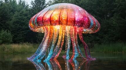 Colorful glowing jellyfish sculpture illuminates the tranquil lake under twilight skies in a serene forest setting. Generative AI