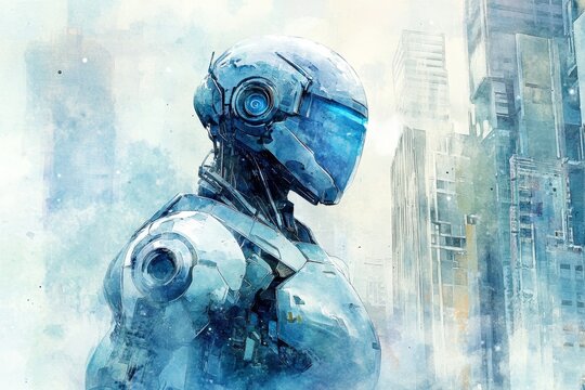 Robot is standing in front of a city