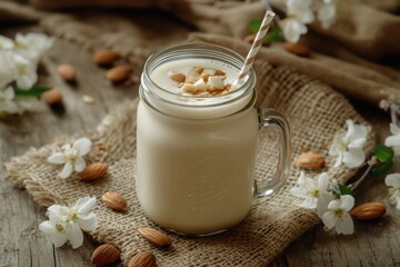 A refreshing almond milkshake in a mason jar, garnished with nuts and surrounded by flowers.