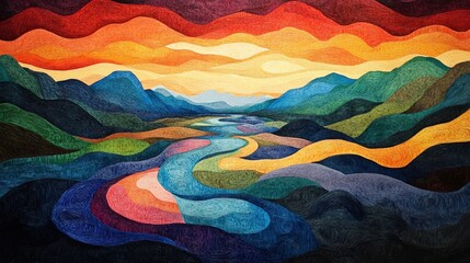 Vibrant sunset landscape quilt showcasing flowing river through colorful mountains and rolling hills in serene harmony. Generative AI