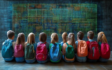 Children watching a digital screen showing coding.