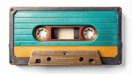 Obraz premium Vintage Audio Cassette Tape Isolated on White Background for Retro Music Enthusiasts and Collectors, Perfect for Nostalgic Designs and Music History Projects
