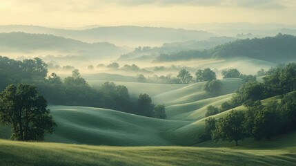 Misty morning light illuminating rolling hills and lush trees in a tranquil landscape at dawn. Generative AI