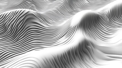Abstract grayscale 3D rendering of undulating, layered waves.