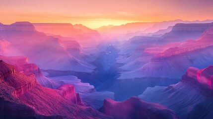Majestic sunset paints the Grand Canyon in vibrant shades of pink and purple during twilight's calm embrace. Generative AI