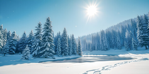 Relaxing serene winter landscape featuring a snow-covered lakeshore, sunlit mountains and tranquil lake reflecting clear blue skies. Peaceful nature footprints, outdoor pursuit, adventure, hiking tour