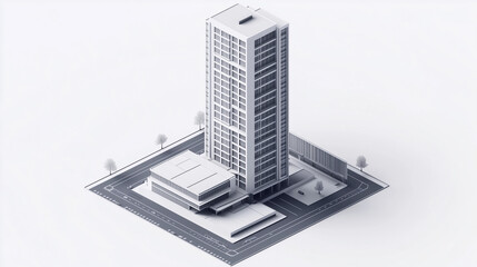 A futuristic 3D model of a modern skyscraper in low-poly blueprint style, highlighting detailed floors, clean geometric shapes, and simple rectangular windows.