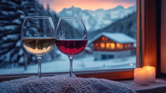 Cozy winter evening with glasses of wine beside a window overlooking a snowy mountain retreat at sunset. Generative AI