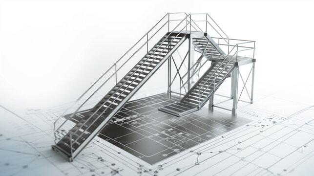 A highly detailed 3D rendering of a futuristic LSF (Light Steel Frame) staircase.