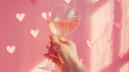 Cherry cocktail against heart wallpaper. Valentine's Day Concept. Hand holding wine. 