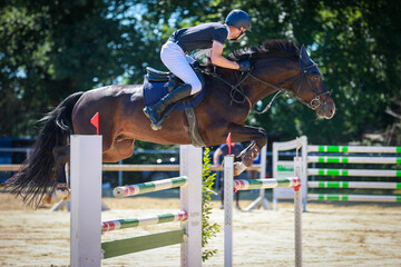 Horse jumping horse with rider jumping over an obstacle.