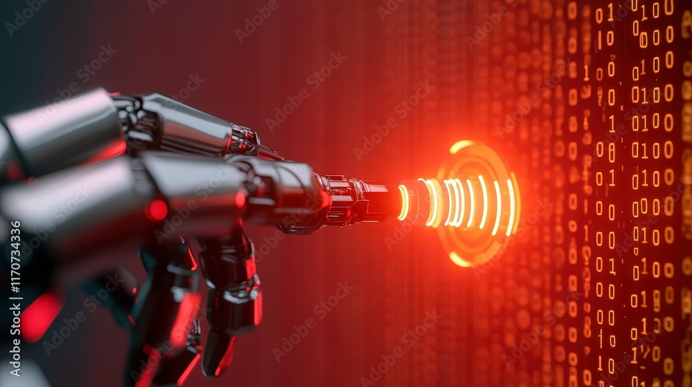 Aufkleber futuristic robot arm interacting with binary code and data streams