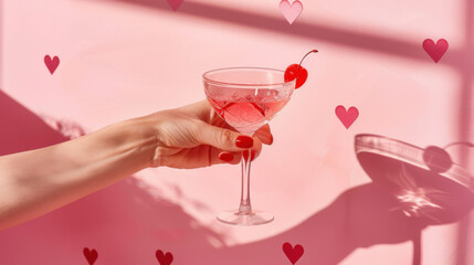 Cherry cocktail against heart wallpaper. Valentine's Day Concept. Female Hand holding drink. 