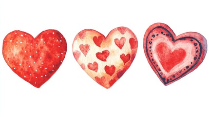 Fototapeta premium Stunning watercolor painting three red hearts isolated on white background. 3 Love symbols. Romantic affection. Romance, sentimentality. 14 February.