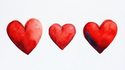 Fototapeta premium Stunning watercolor painting three red hearts isolated on white background. 3 Love symbols. Romantic affection. Romance, sentimentality. 14 February postcard.