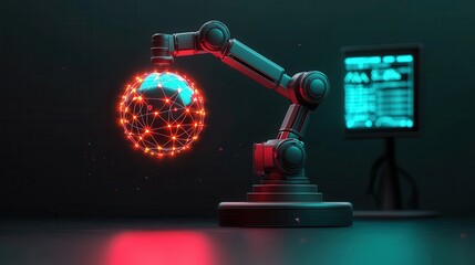 Obraz premium A futuristic energy facility harvesting power from a glowing, contained plasma sphere. Robotic arms monitor the energy transfer to nearby grids, with holographic dashboards displaying real-time 